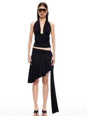 Lioness Black Asymmetrical Wrap Midi Skirt with Draped Tie